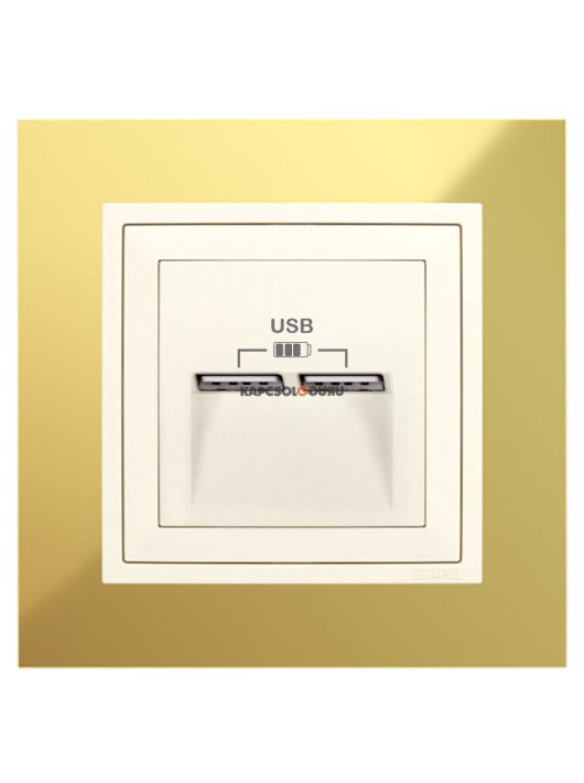 USB töltő aljzat, Dupla - 2,4A, IP20, gyöngyházfehér fedőlappal és Metallo arany 1-es kerettel - EFAPEL LOGUS 90