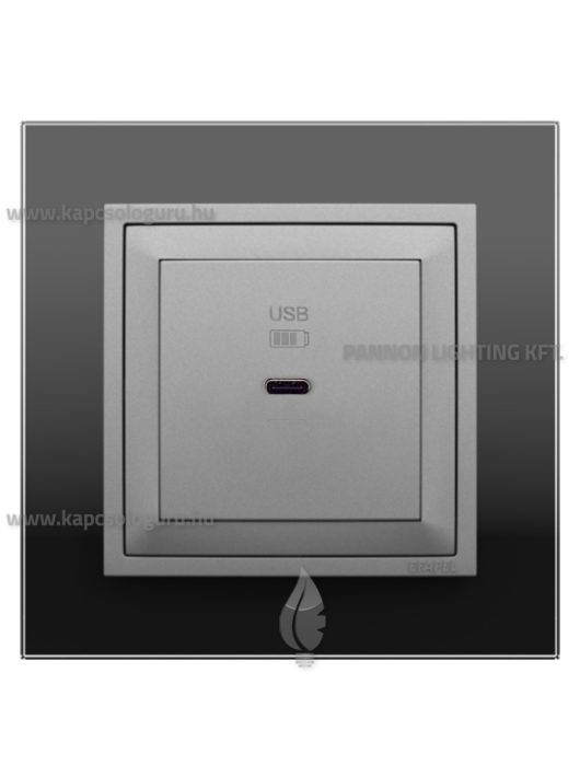 USB C gyorstöltő aljzat - 30W, IP20, alumínium fedőlappal és Crystal fekete üveg 1-es kerettel - EFAPEL LOGUS 90