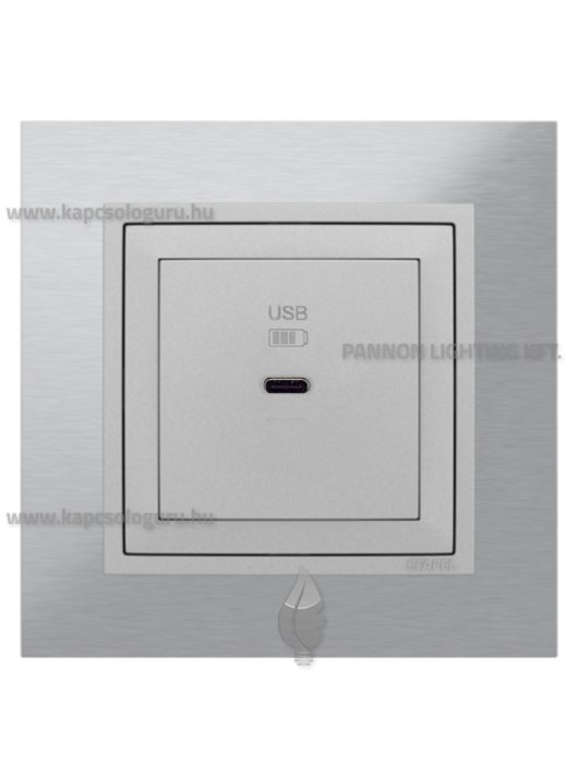 USB C gyorstöltő aljzat - 30W, IP20, alumínium fedőlappal és Metallo inox 1-es kerettel - EFAPEL LOGUS 90