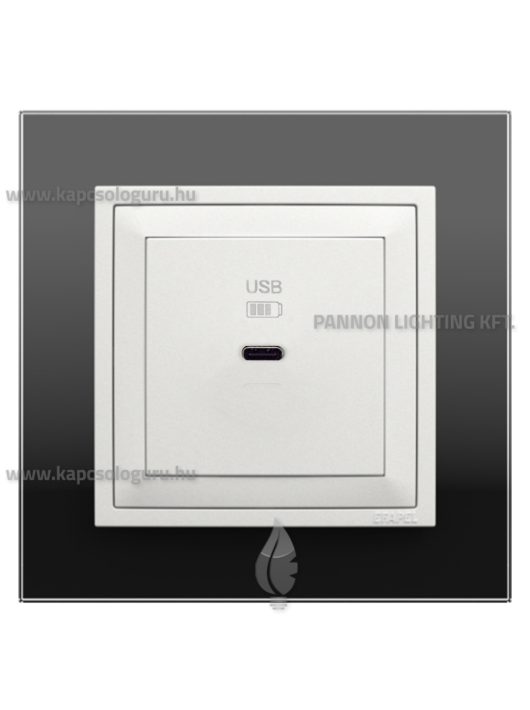 USB C gyorstöltő aljzat - 30W, IP20, jégfehér fedőlappal és Crystal fekete üveg kerettel - EFAPEL LOGUS 90