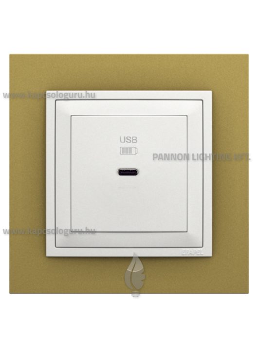 USB C gyorstöltő aljzat - 30W, IP20, jégfehér fedőlappal és Animato arany kerettel - EFAPEL LOGUS 90