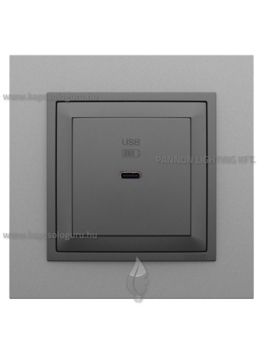 USB C gyorstöltő aljzat - 30W, IP20, szürke fedőlappal és Animato alumínium kerettel - EFAPEL LOGUS 90