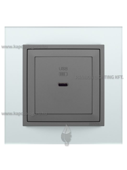 USB C gyorstöltő aljzat - 30W, IP20, szürke fedőlappal és Crystal üveg kerettel - EFAPEL LOGUS 90