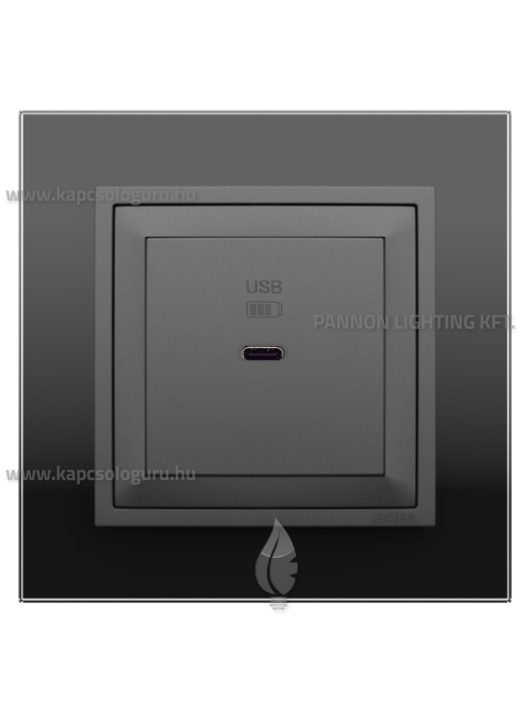USB C gyorstöltő aljzat - 30W, IP20, szürke fedőlappal és Crystal fekete üveg kerettel - EFAPEL LOGUS 90