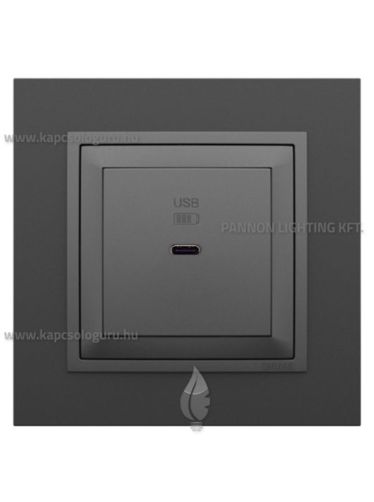 USB C gyorstöltő aljzat - 30W, IP20, szürke fedőlappal és Animato fekete kerettel - EFAPEL LOGUS 90