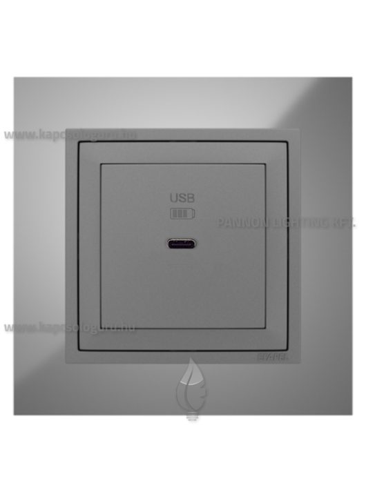 USB C gyorstöltő aljzat - 30W, IP20, szürke fedőlappal és Metallo króm kerettel - EFAPEL LOGUS 90
