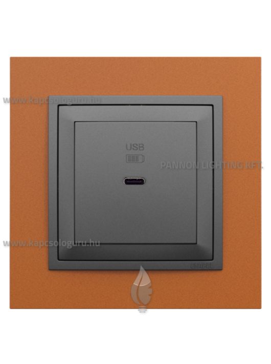 USB C gyorstöltő aljzat - 30W, IP20, szürke fedőlappal és Animato téglavörös kerettel - EFAPEL LOGUS 90
