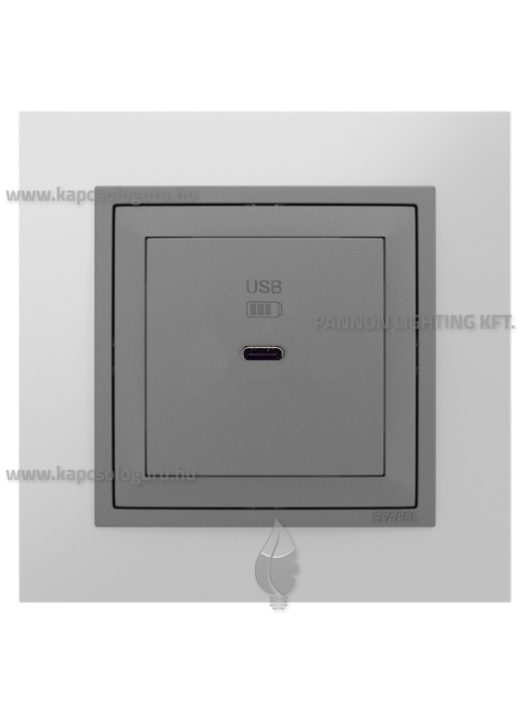 USB C gyorstöltő aljzat - 30W, IP20, szürke fedőlappal és Metallo alumínium kerettel - EFAPEL LOGUS 90